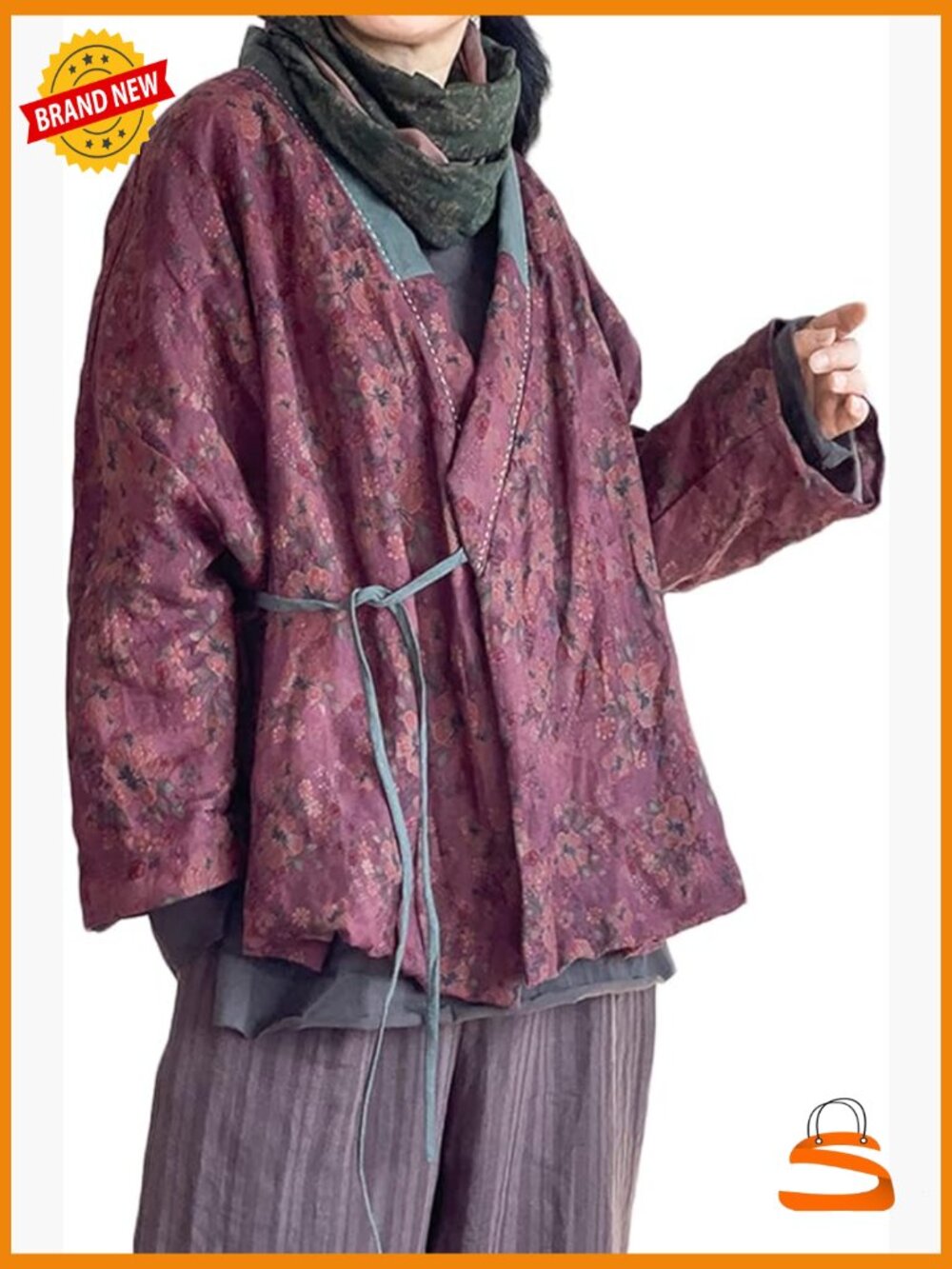 Vintage Asian Printed Cotton Jacket Open Front Kimono Cardigan Loose Fit